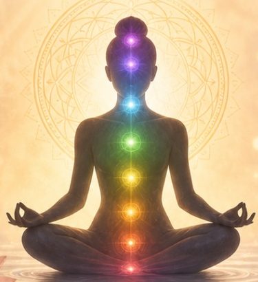 Figura en meditación con los chakras iluminados